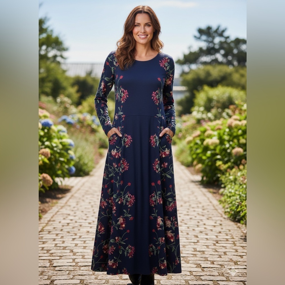 Joules | Navy Floral Long Sleeve Knit Maxi Dress with Pockets | Sz 10